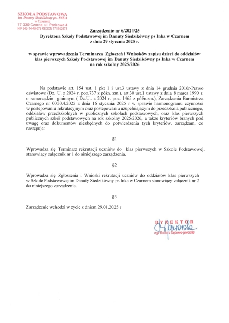 Zarządzenie nr 2024/25  Dyrektora Szkoły Podstawowej im. Danuty Siedzikówny ps.Inka w Czarnem  z dnia 29 stycznia 2025 r.